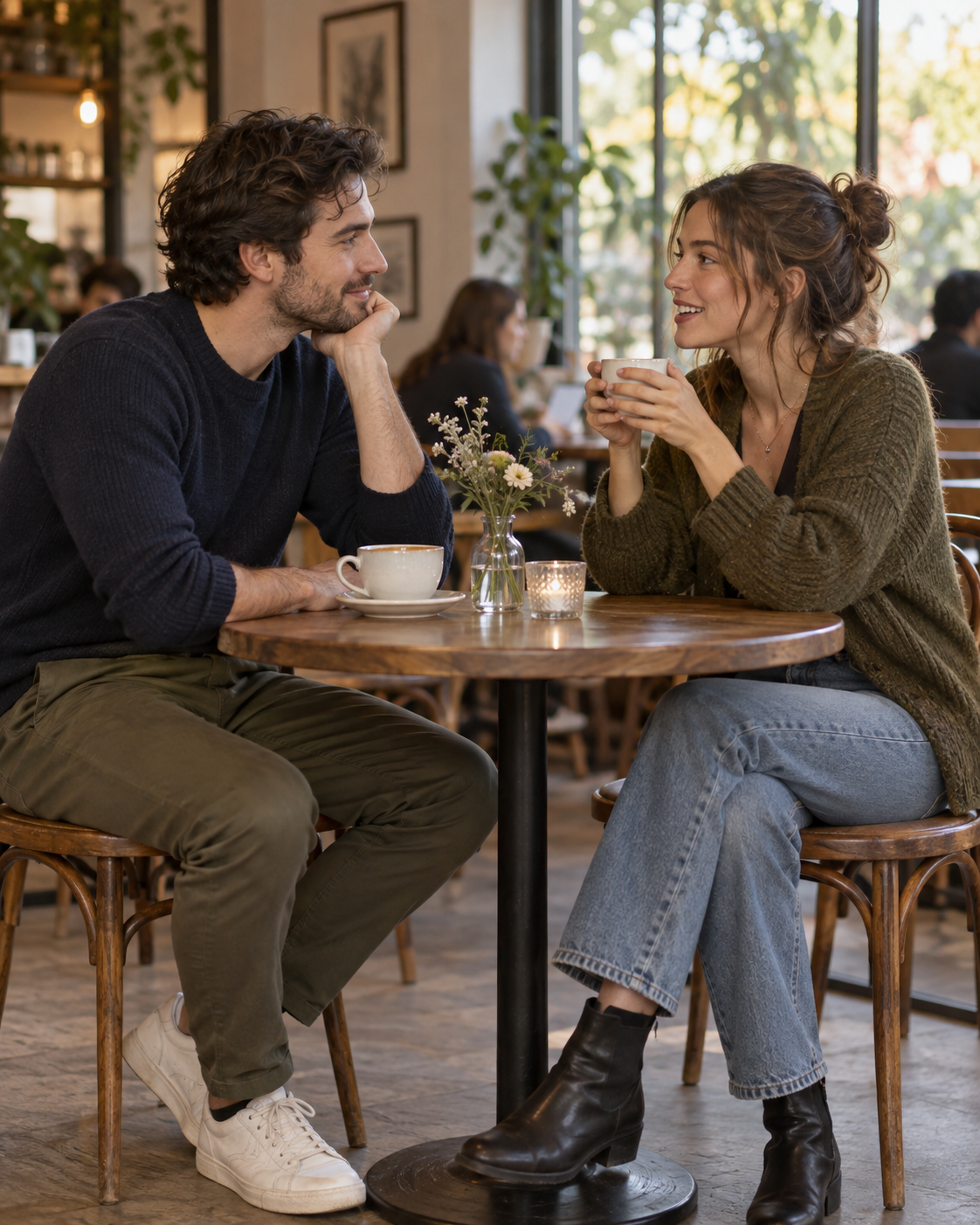 Two adults share a first-date conversation at a neighborhood cafe, seated fully in frame.