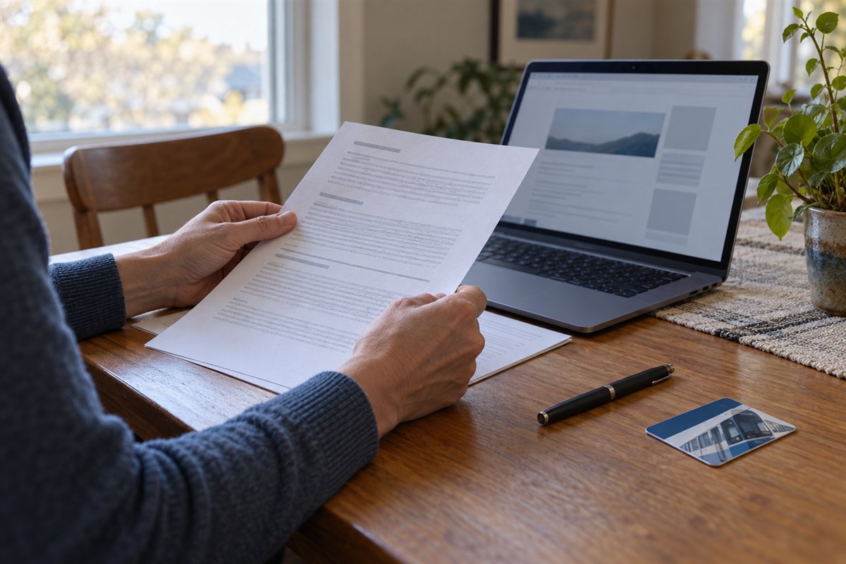 Hands review printed membership terms beside a laptop at home.