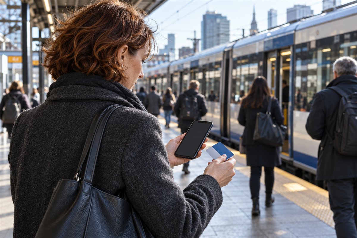 An adult woman checks her phone and transit card on a busy city train platform.