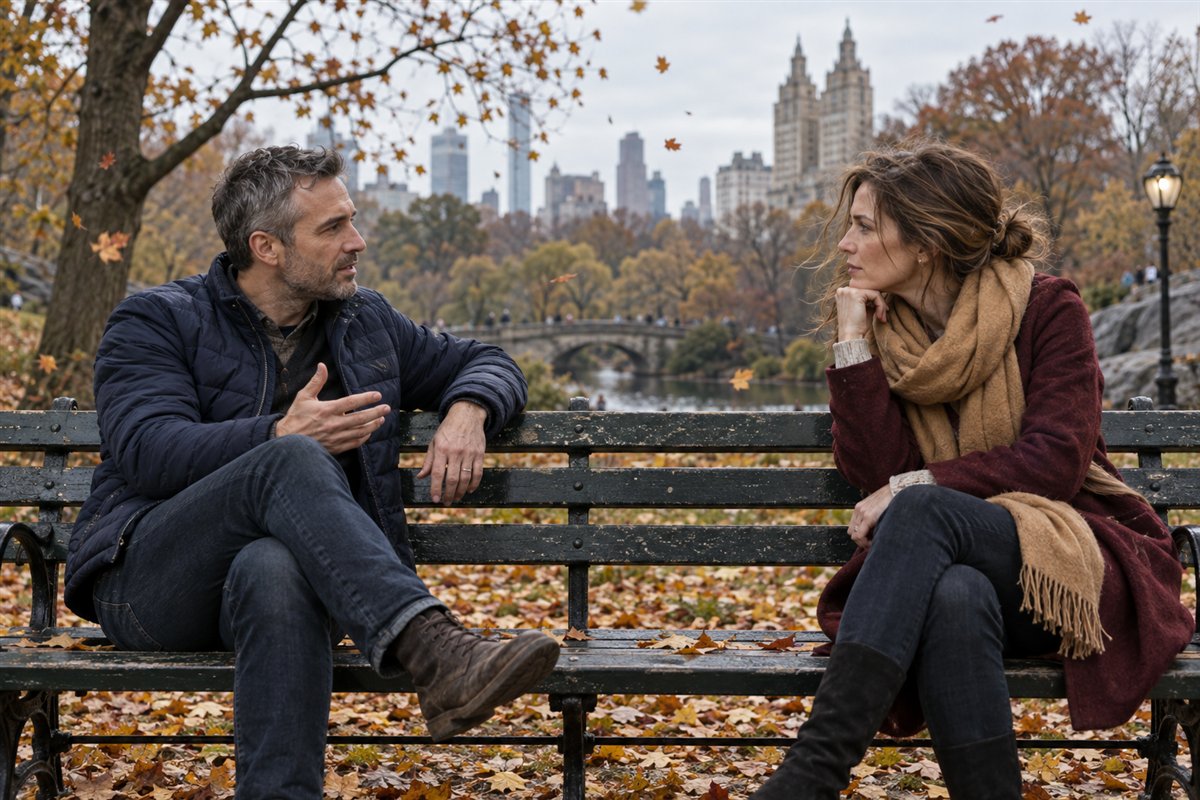 Two adults talk on a park bench in late autumn beneath a city skyline.