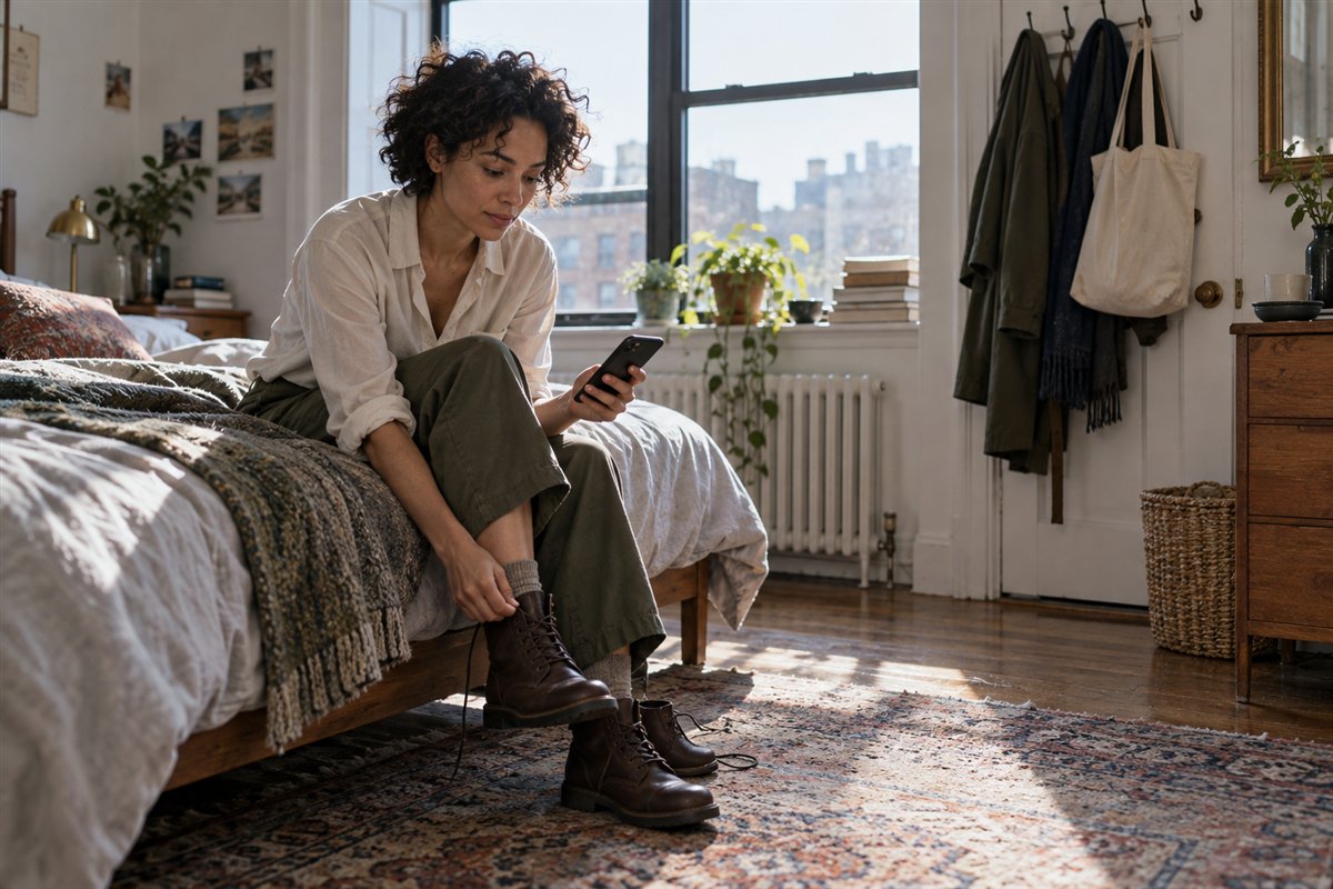 A woman gets ready to go out in a sunlit apartment, checking her phone by the bed.